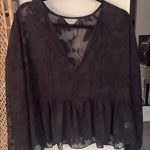 Belle Sky Black Floral Long Sleeve V-Neck Peplum Blouse